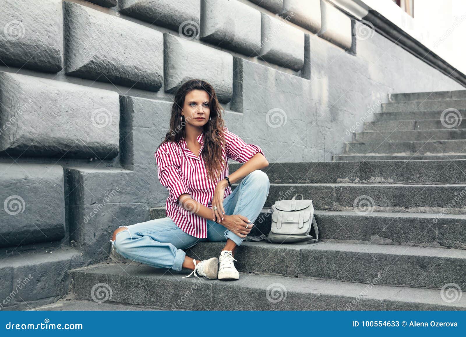 Fashion Model Walking On The City Street Stock Image Image Of Human Denim