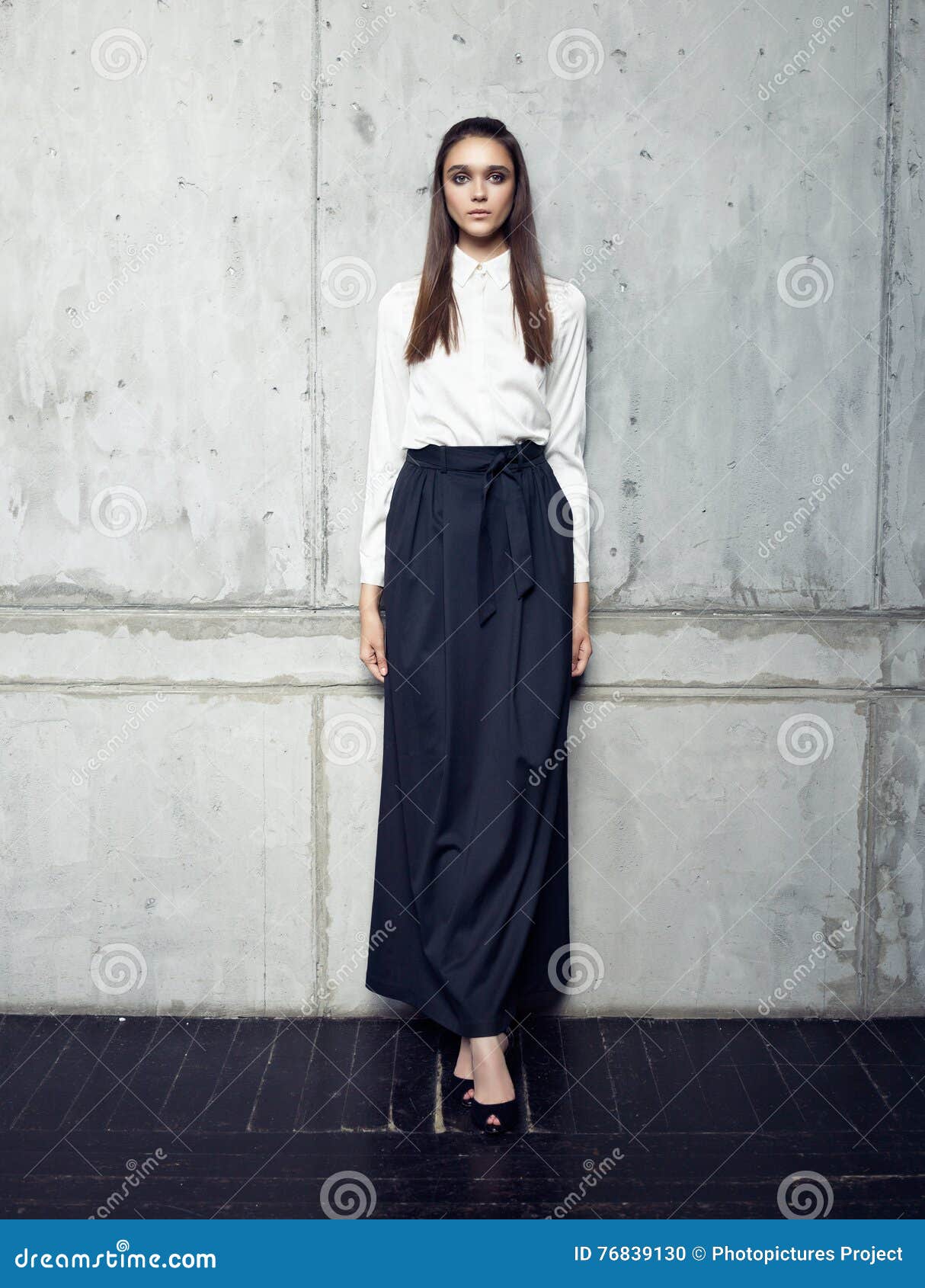 long black skirt with white shirt