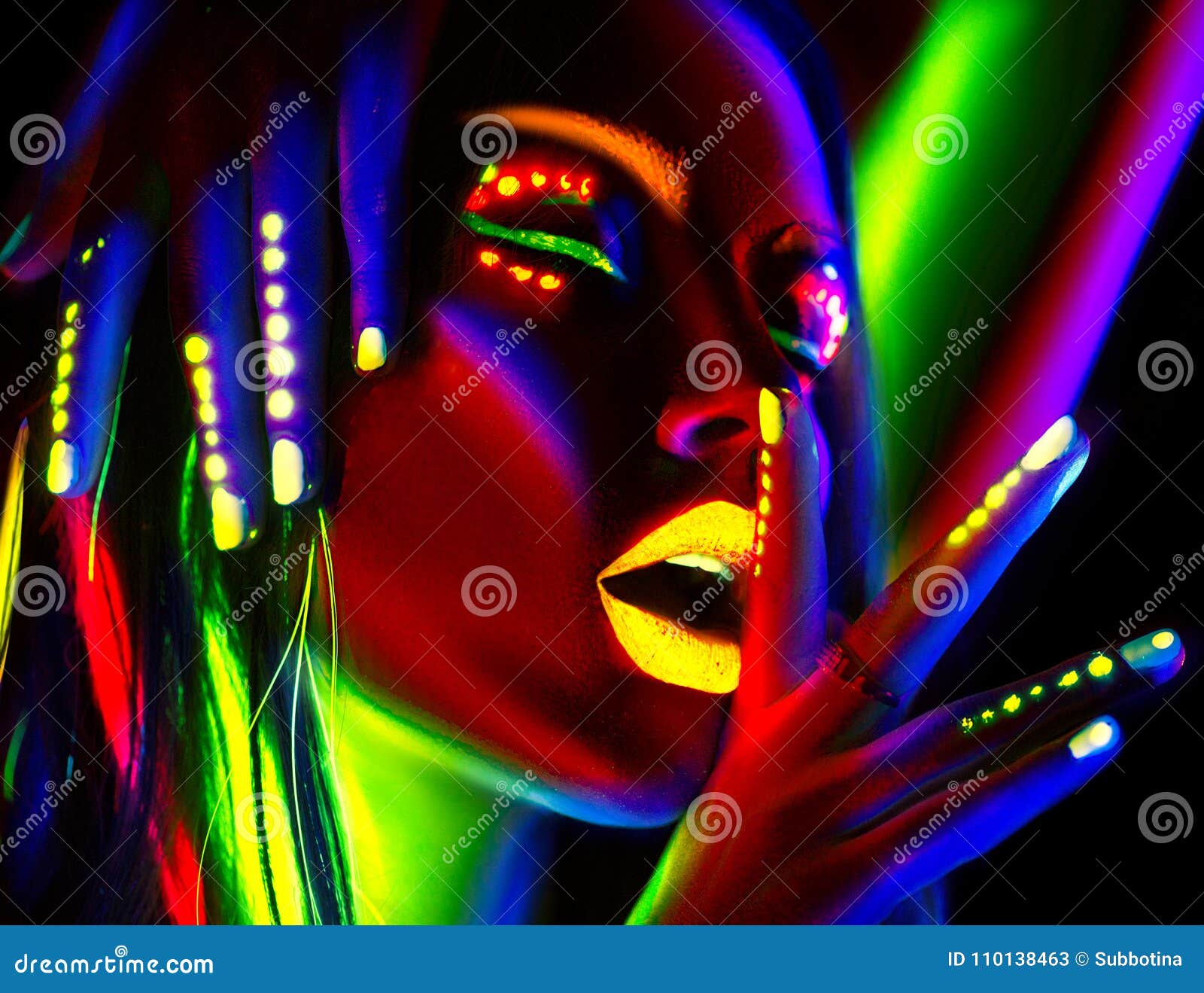 fashion model woman in neon light. beautiful model girl with colorful fluorescent makeup
