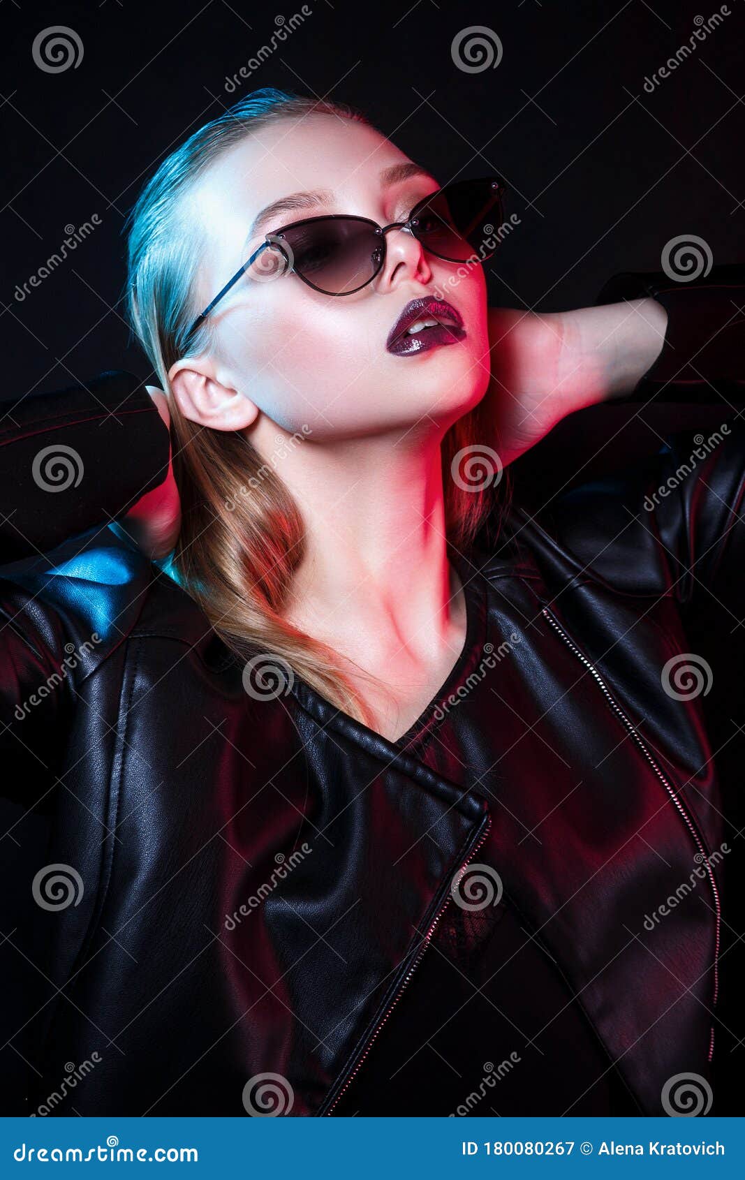 Fashion Model Woman in Sunglasses in Colorful Bright Neon Lights Posing ...