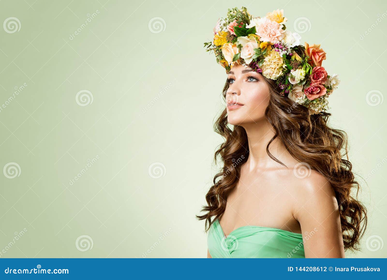 fashion models flowers wreath beauty portrait, woman makeup hairstyle with roses, beautiful girl flower in hair