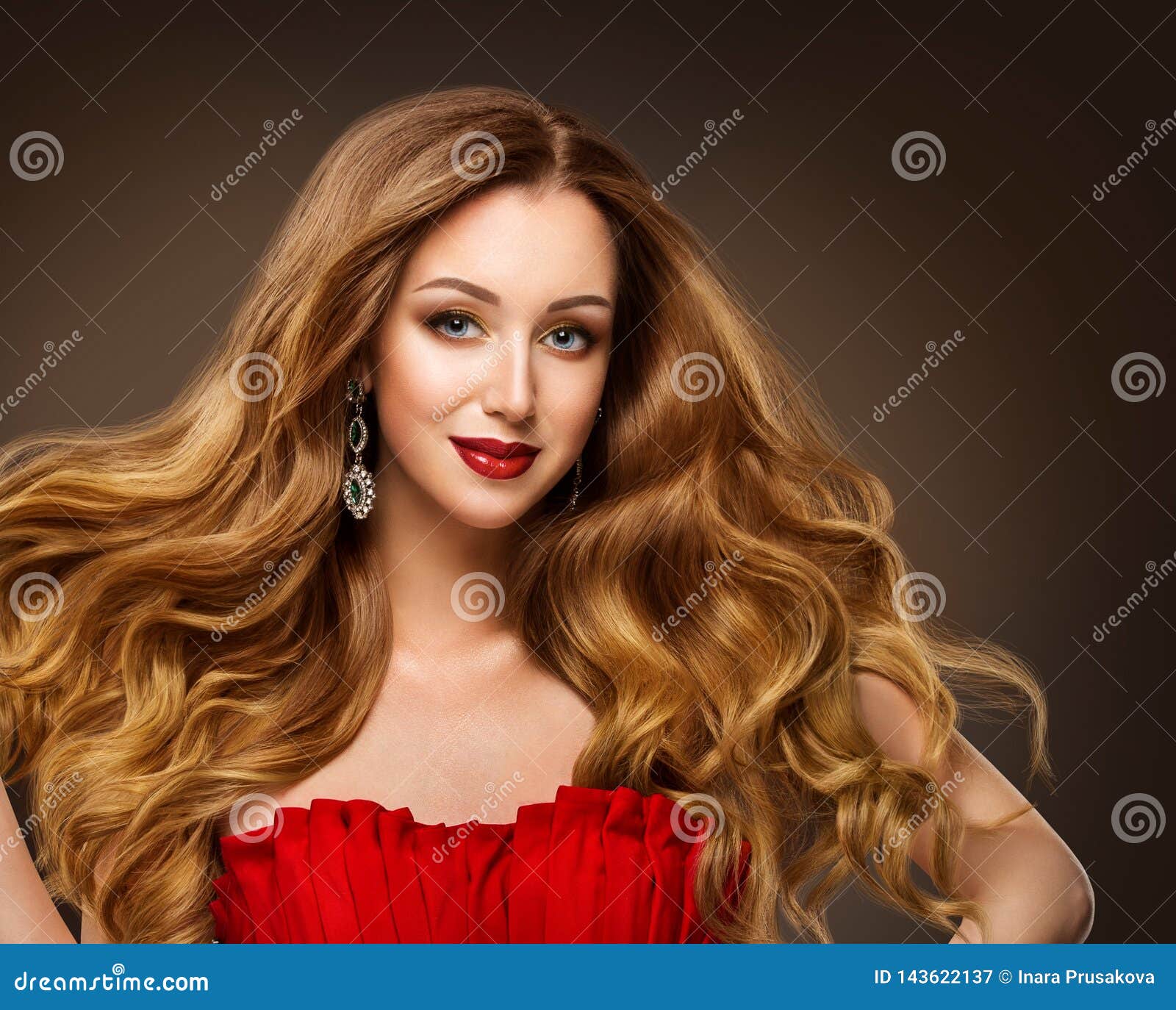 fashion models hairstyle beauty portrait, beautiful woman red lips makeup and long brown hair