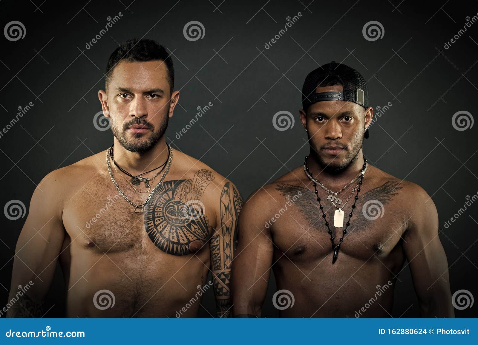 Fashion Models with Serious Faces and Fit Bodies Isolated on Black Background. Caucasian Man with Geometrical Tattoos Stock Photo - Image of serious, chest: 162880624