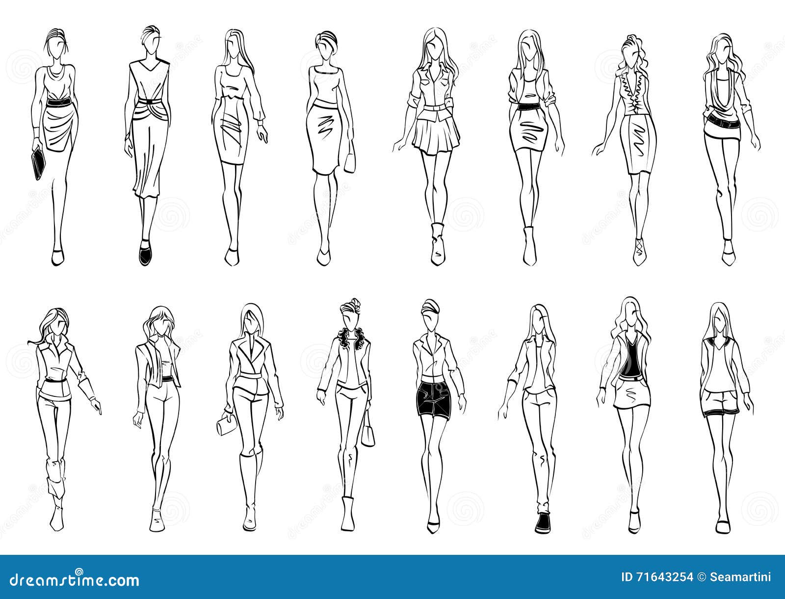 Fashion Models Shows Everyday Outfits Sketch Icons Stock