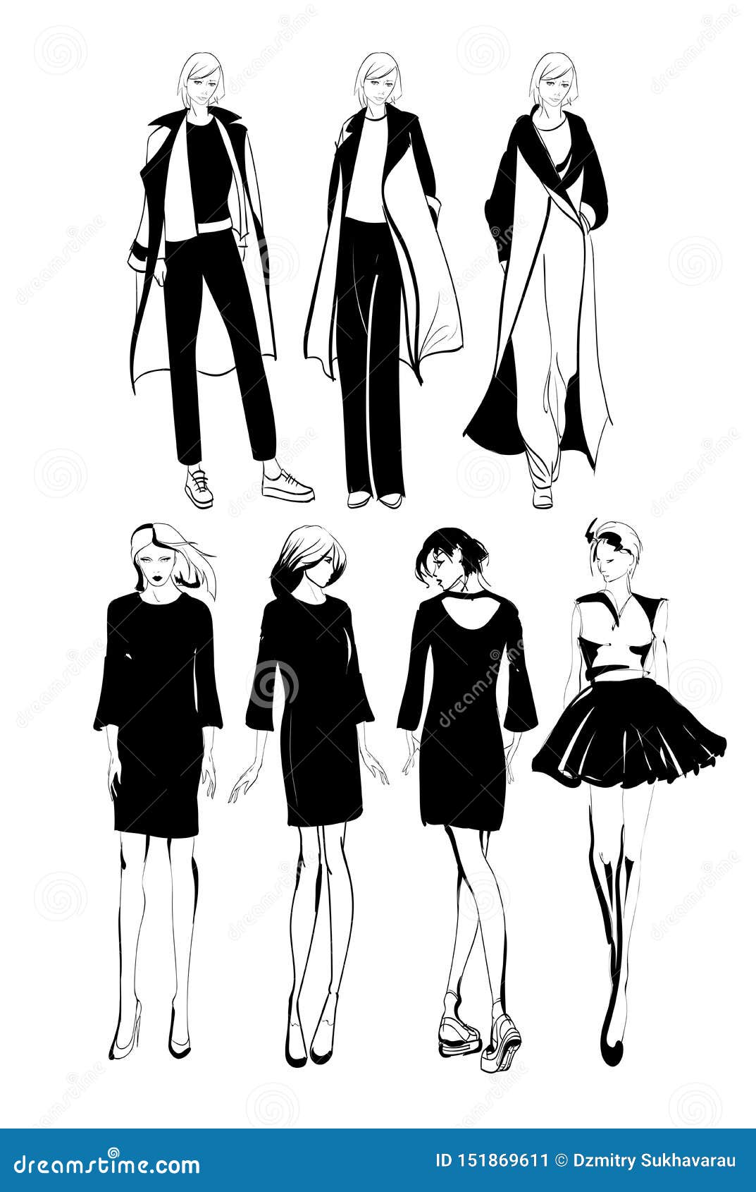 Fashion Models Sketch Hand Drawn , Stylized Silhouettes Isolated.Vector ...