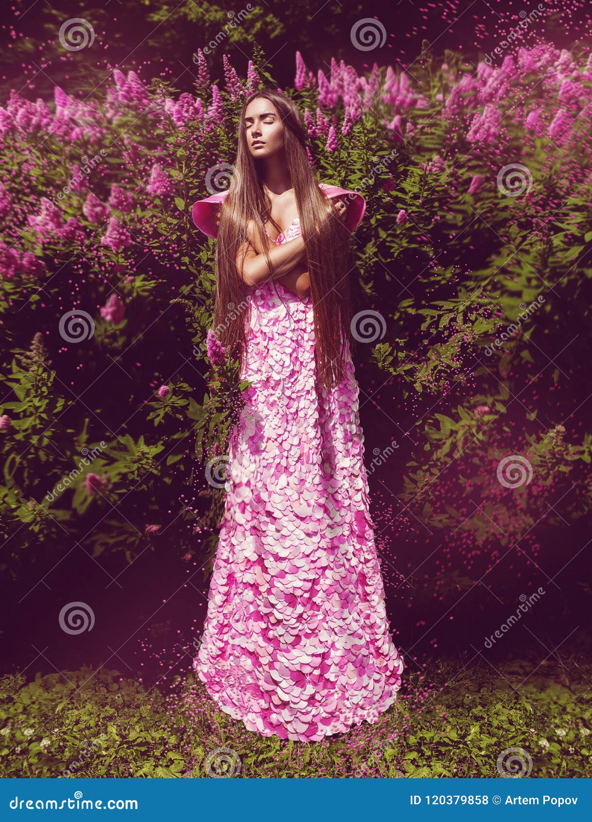 Fantasy Woman in Long Pink Dress with Flowers Stock Photo - Image of ...