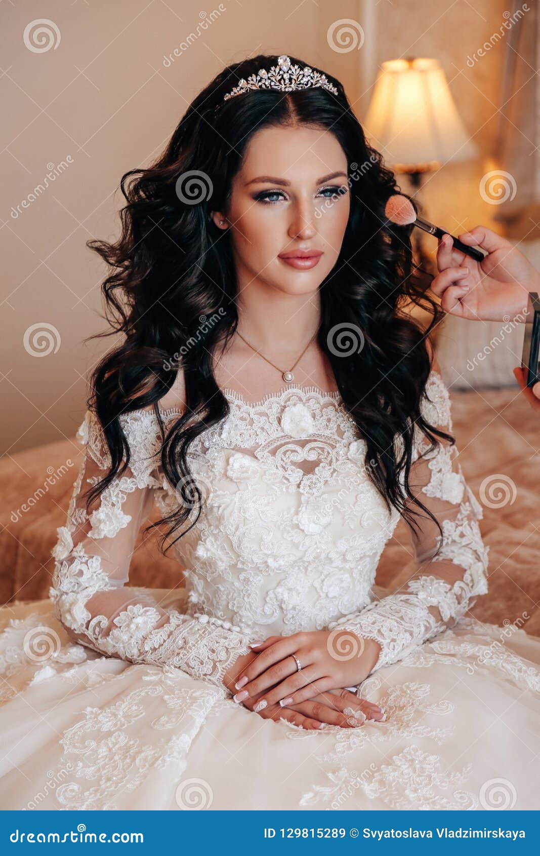 Beautiful Bride With Dark Hair In Luxurious Wedding Dress