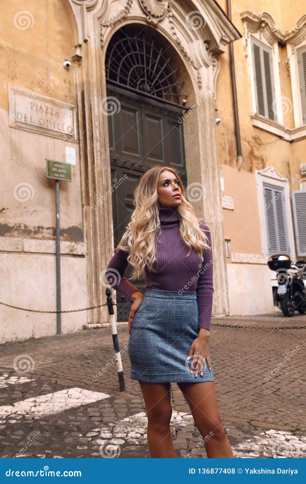 Beautiful Girl with Long Blond Hair in Elegant Dress Posing in Italian ...