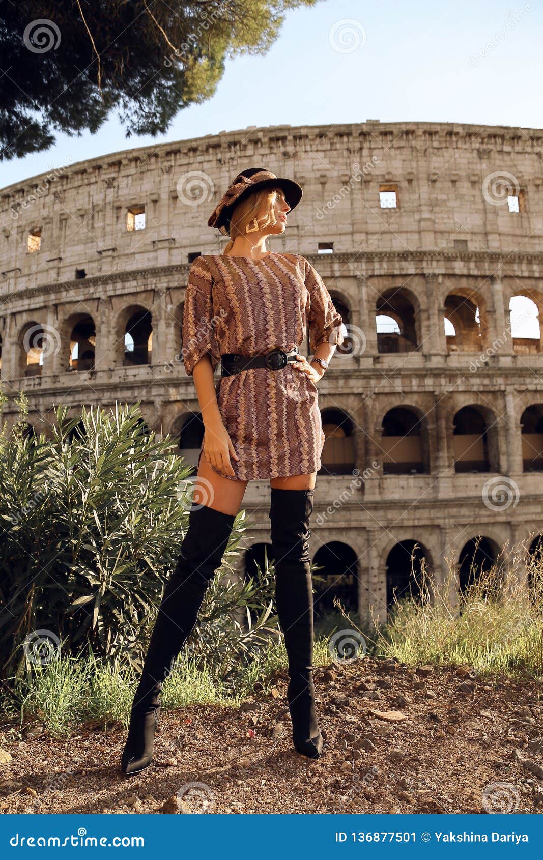Beautiful Girl with Long Blond Hair in Elegant Dress Posing in Italian ...