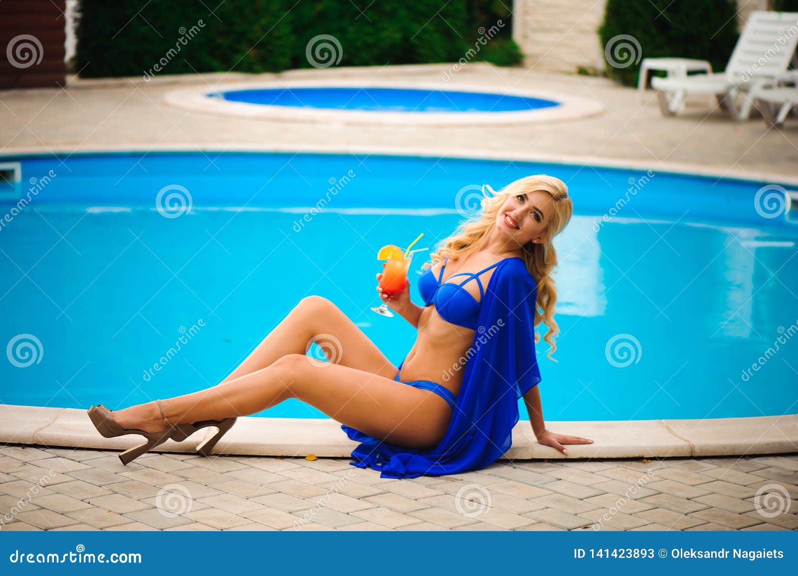 Fashion Outdoor Photo Of Beautiful Sensual Woman Wearing Elegant Bikini Posing Beside Swimming