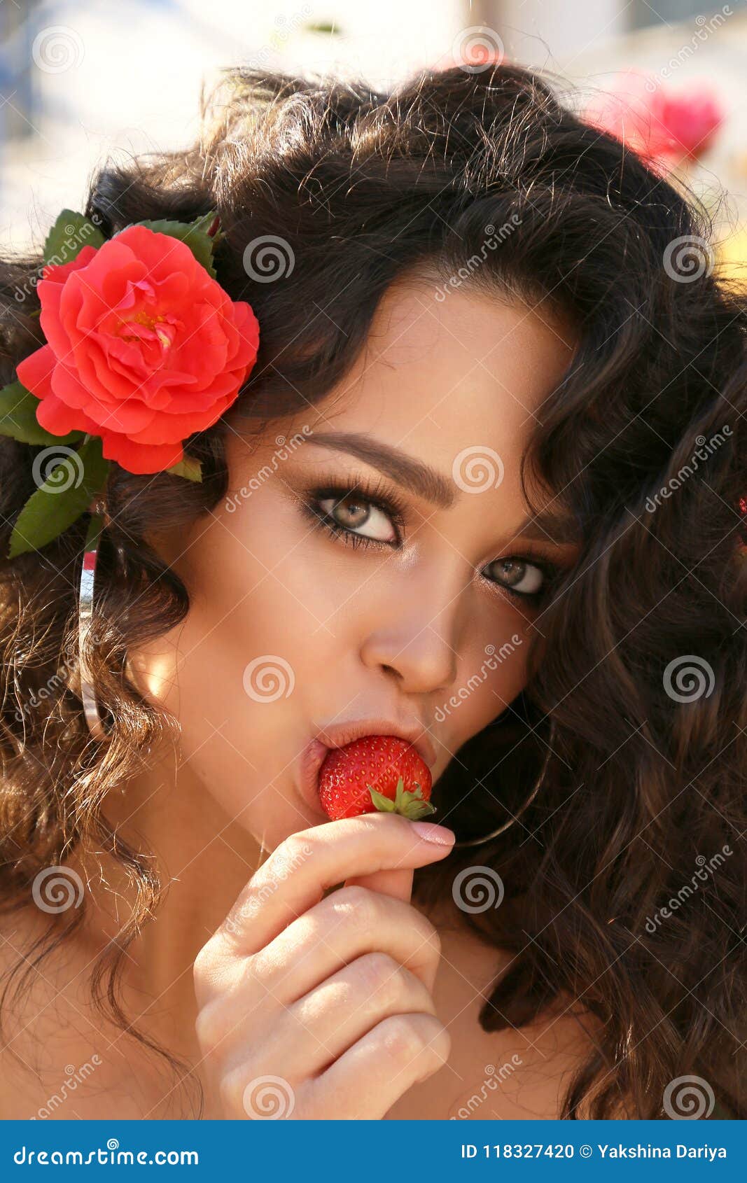 Beautiful Girl With Dark Curly Hair And Bright Makeup In Dr Stock Photo Image Of Bright Details