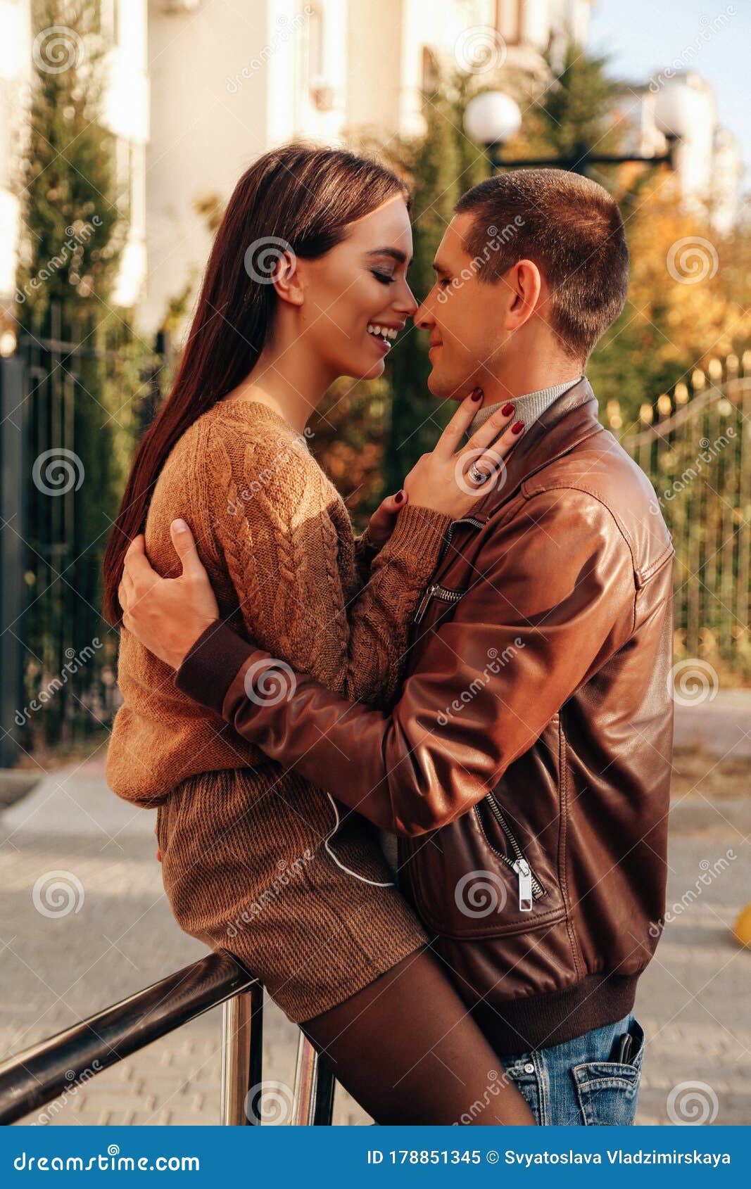 Beautiful Tender Couple Posing in Autumn Park in Elegant Clothes Stock ...