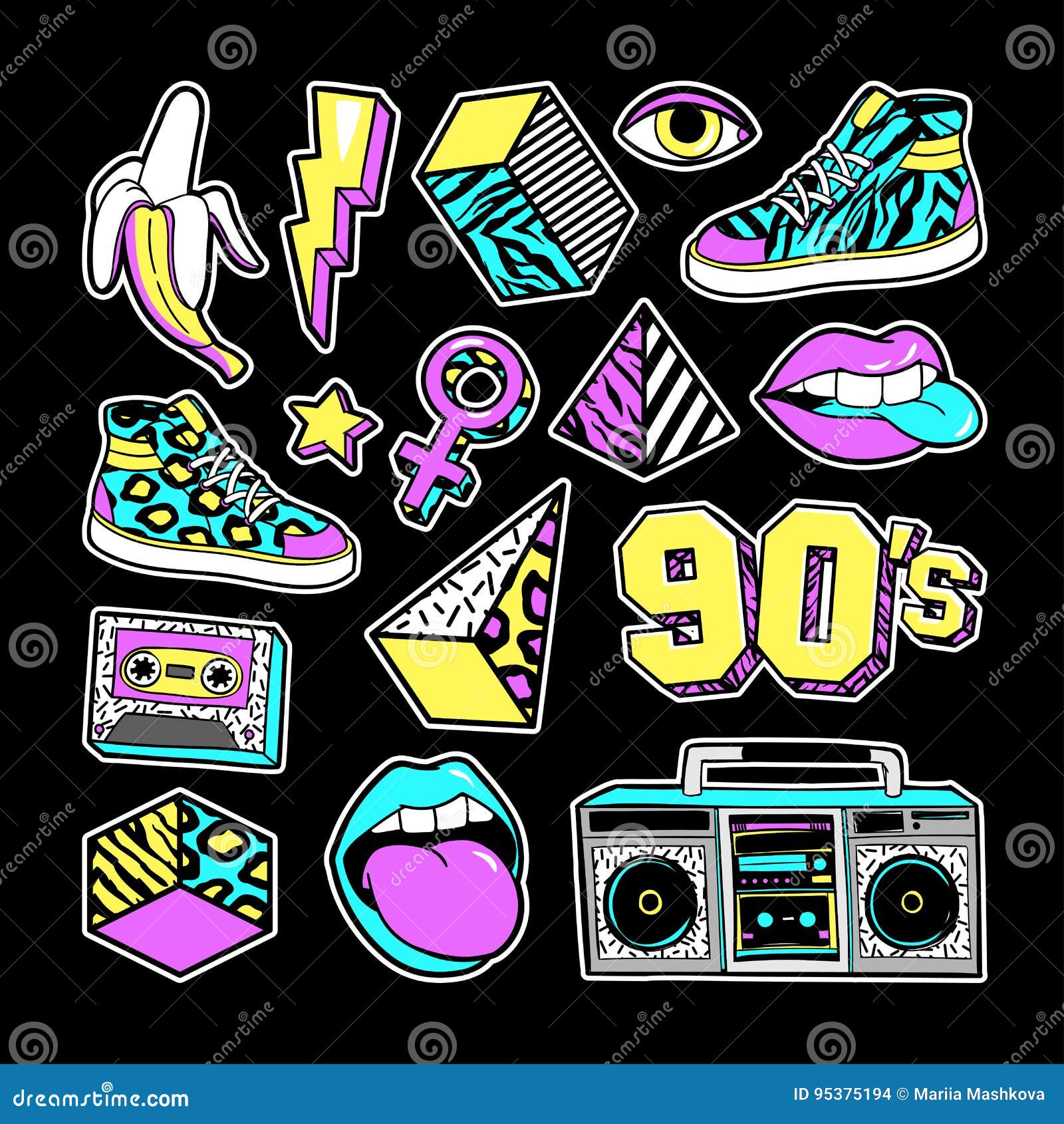 fashion patches in in 80s-90s memphis style.