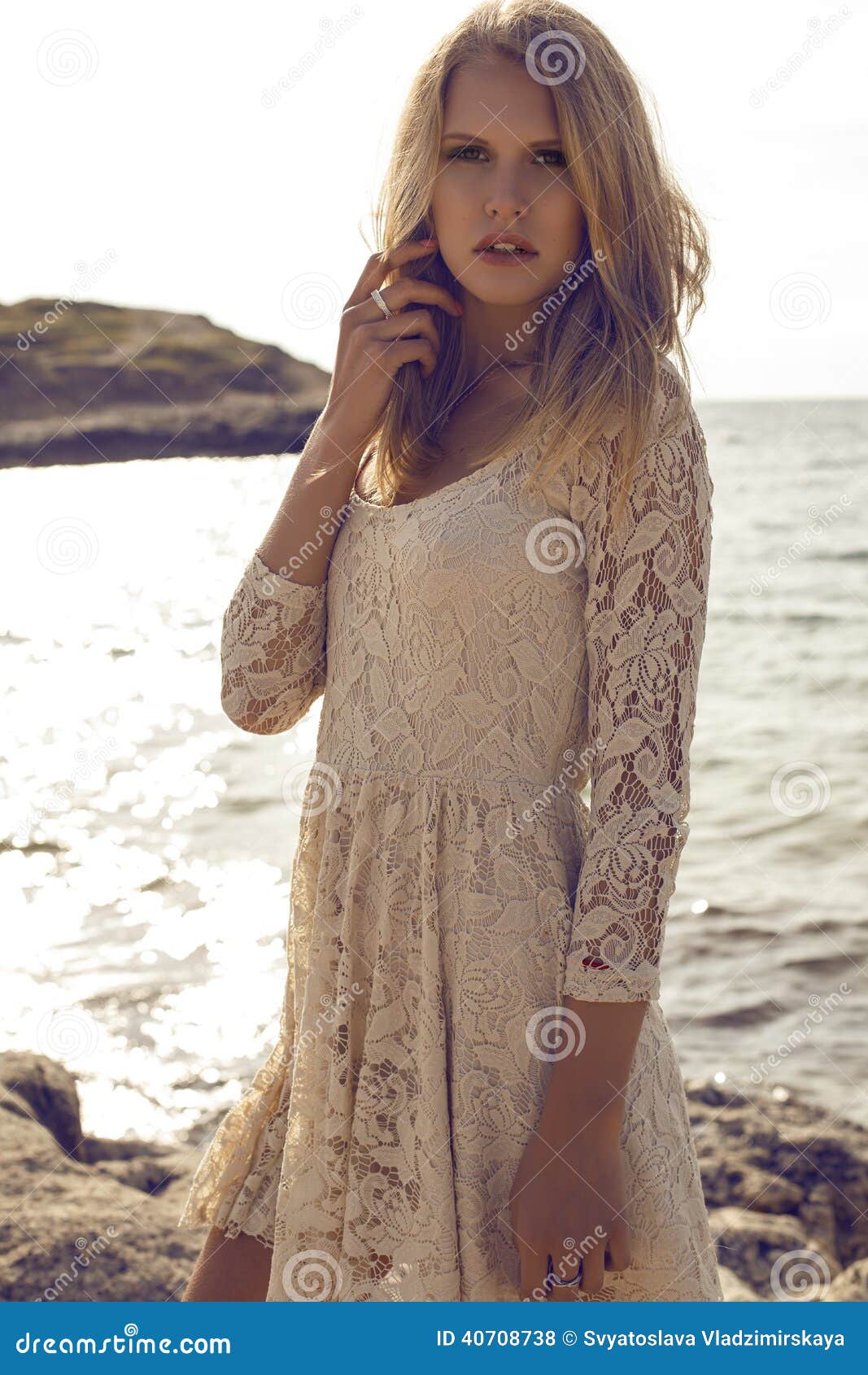 Fashion Photo of Beautiful Blond Girl Posing on Beach Stock Photo ...