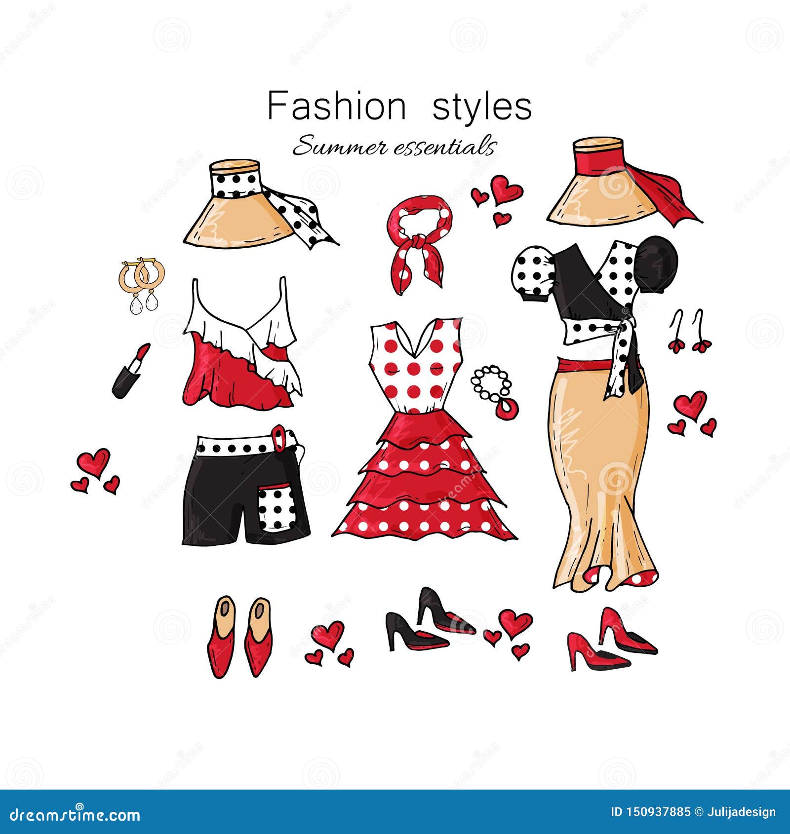 Fashion Polka Dot Summer Clothes Collections. Paris Fashion Looks, Pin Up  Style. Stock Vector - Illustration of drawing, beauty: 150937885