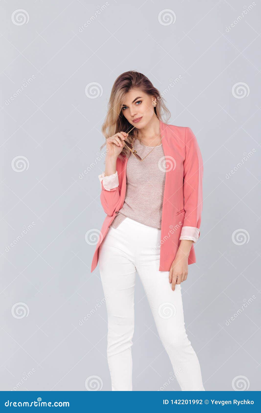 Blonde Woman in Pastel Casual Jacket ...