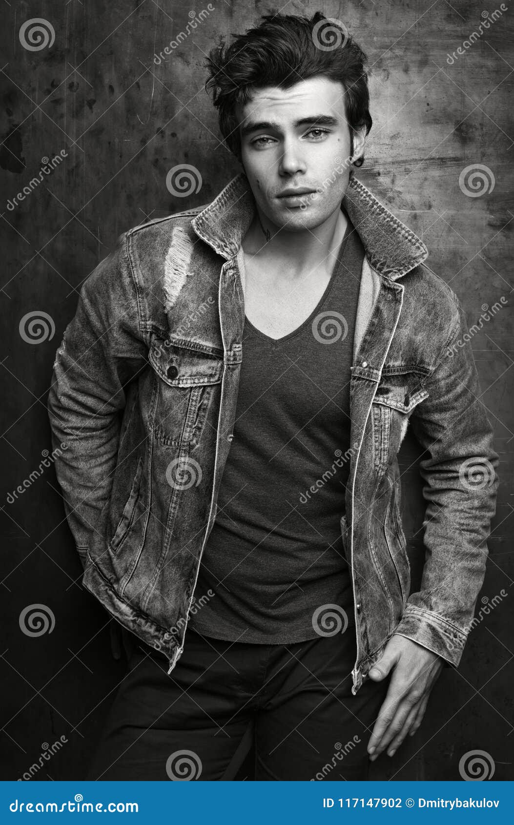 Fashion Portrait of Beautiful Men. Stylish Denim Jacket, Hairstyle, Happy  Smile Stock Photo - Image of cool, modern: 117147902