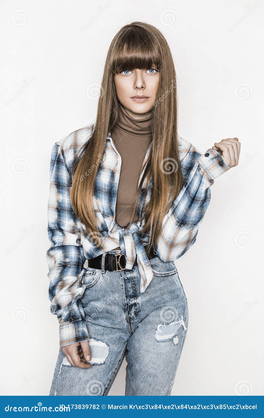 Fashion Portrait of Beautiful Young Girl with Smooth Hair. Girl in Blouse  and Jeans. Clothing and Bangs Hairstyle Stock Photo - Image of background,  jeans: 173839782