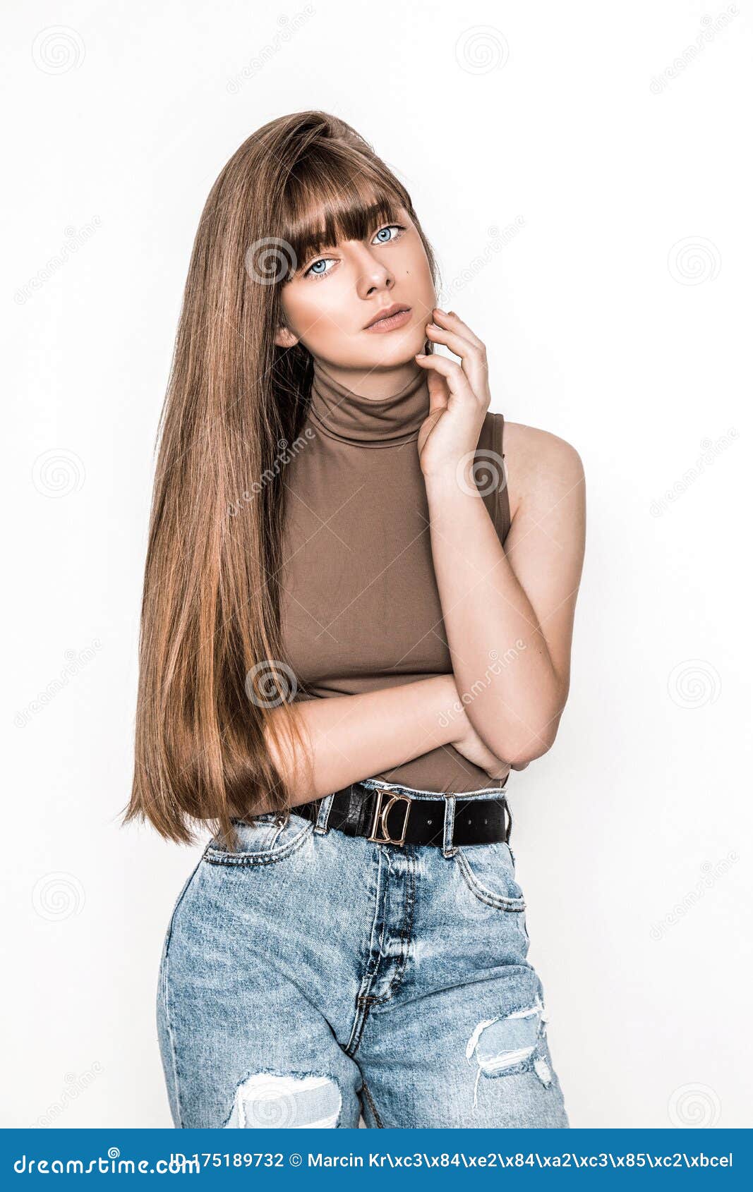 Fashion Portrait of Beautiful Young Girl with Smooth Hair. Girl in Blouse  and Jeans. Clothing and Bangs Hairstyle Stock Photo - Image of lifestyle,  caucasian: 175189732