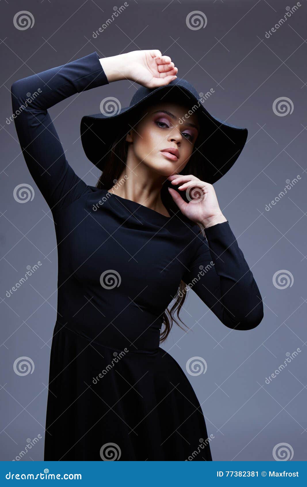 Fashion Portrait of Elegant Woman in Black Hat and Dress Stock Image ...