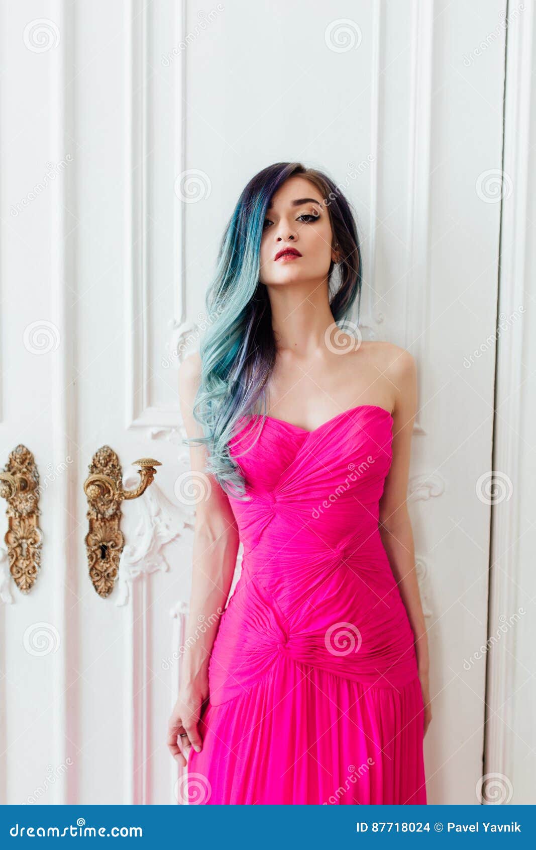 Fashion Portrait of Gorgeous Girl with Blue Dyed Hair Long. the Beautiful  Evening Cocktail Dress. Stock Photo - Image of female, charming: 87718024
