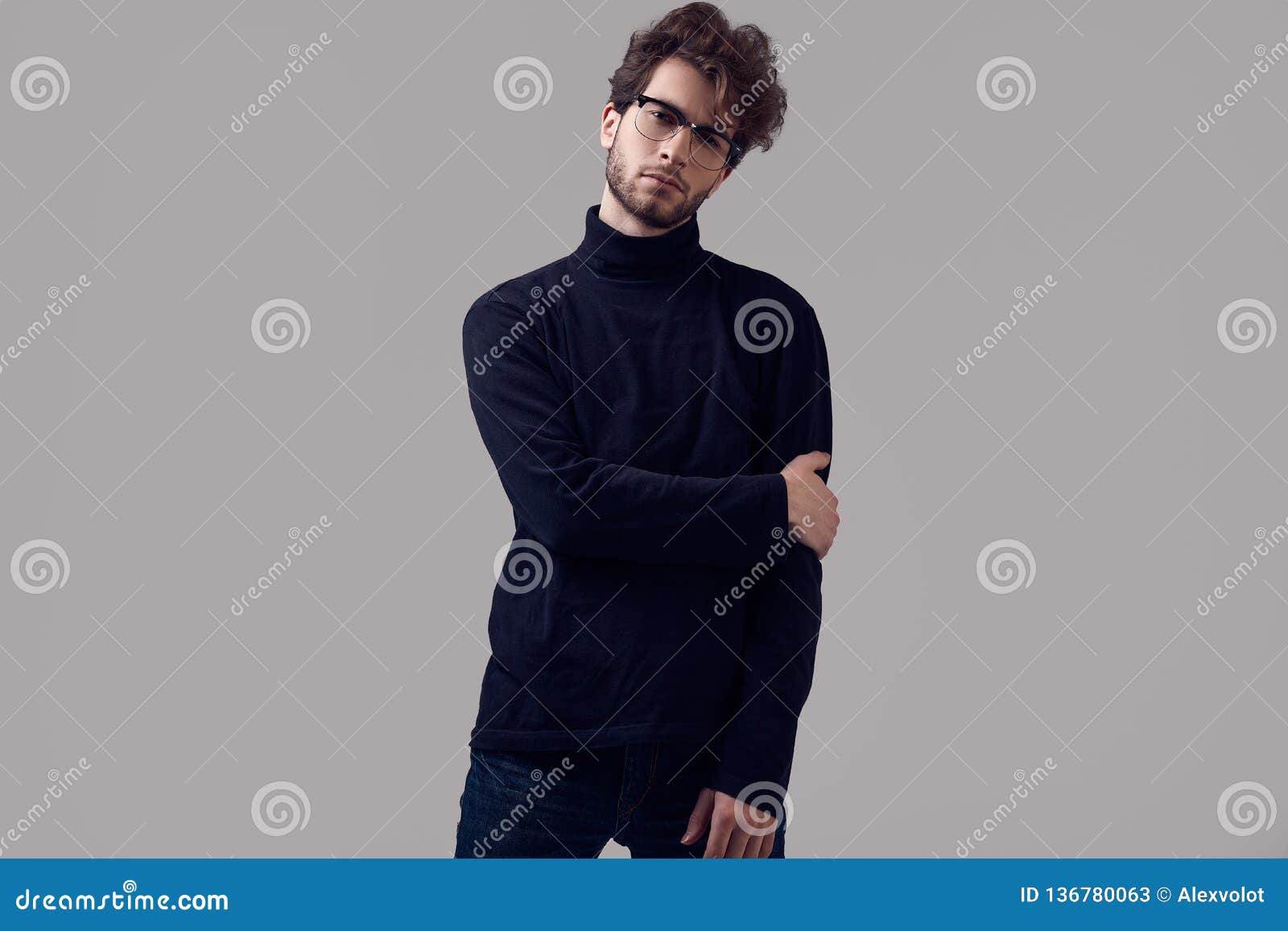 Handsome Elegant Man with Curly Hair Wearing Black Turtleneck and ...