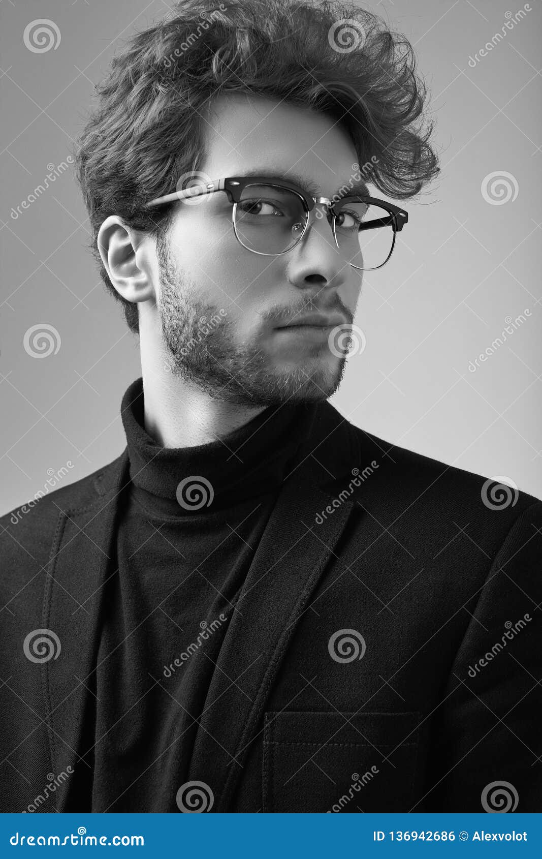 Handsome Elegant Man with Curly Hair Wearing Suit and Glasses Stock Photo -  Image of finance, business: 136942686