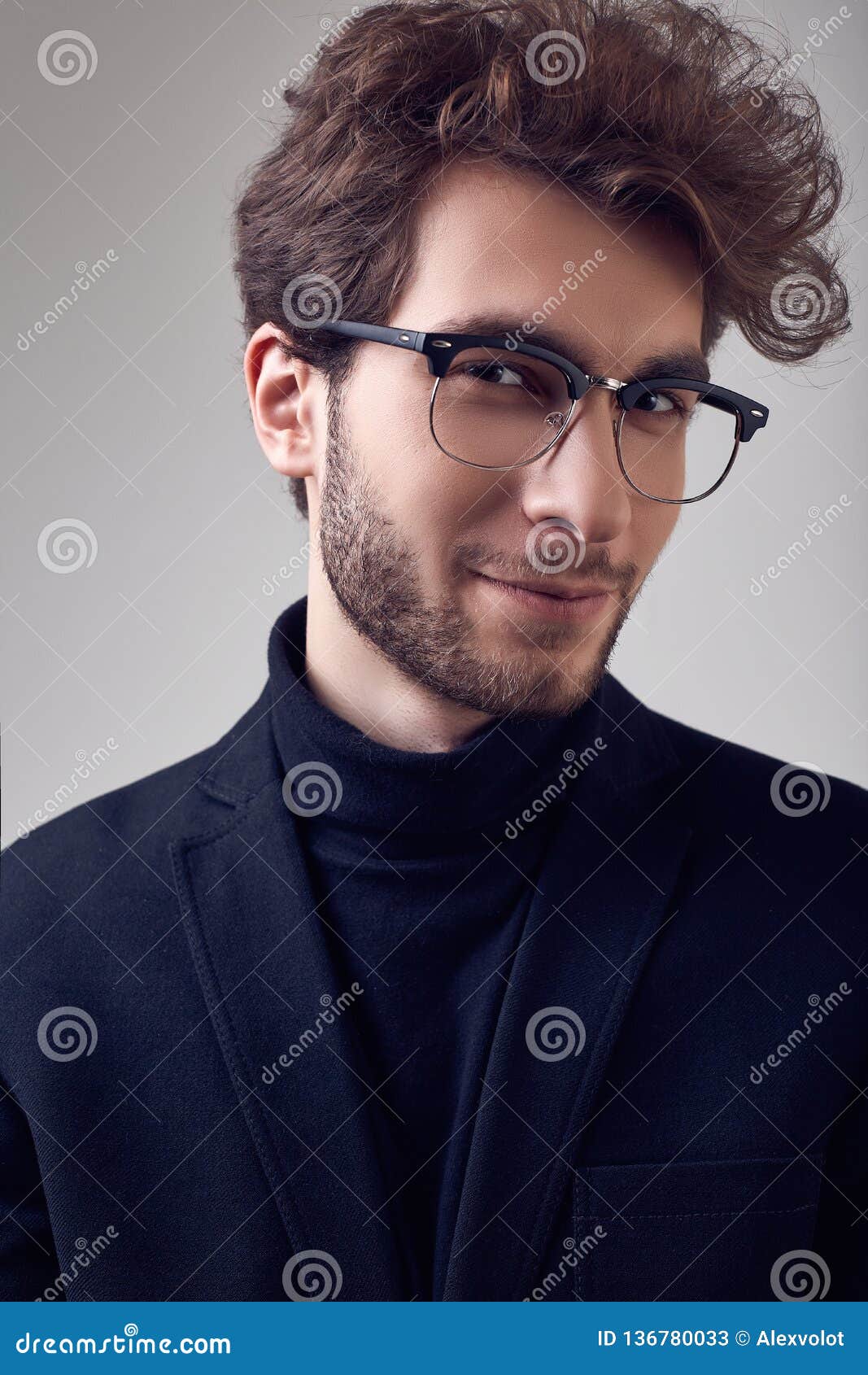 Handsome Elegant Man With Curly Hair Wearing Suit And Glasses Stock Image Image Of Businessman