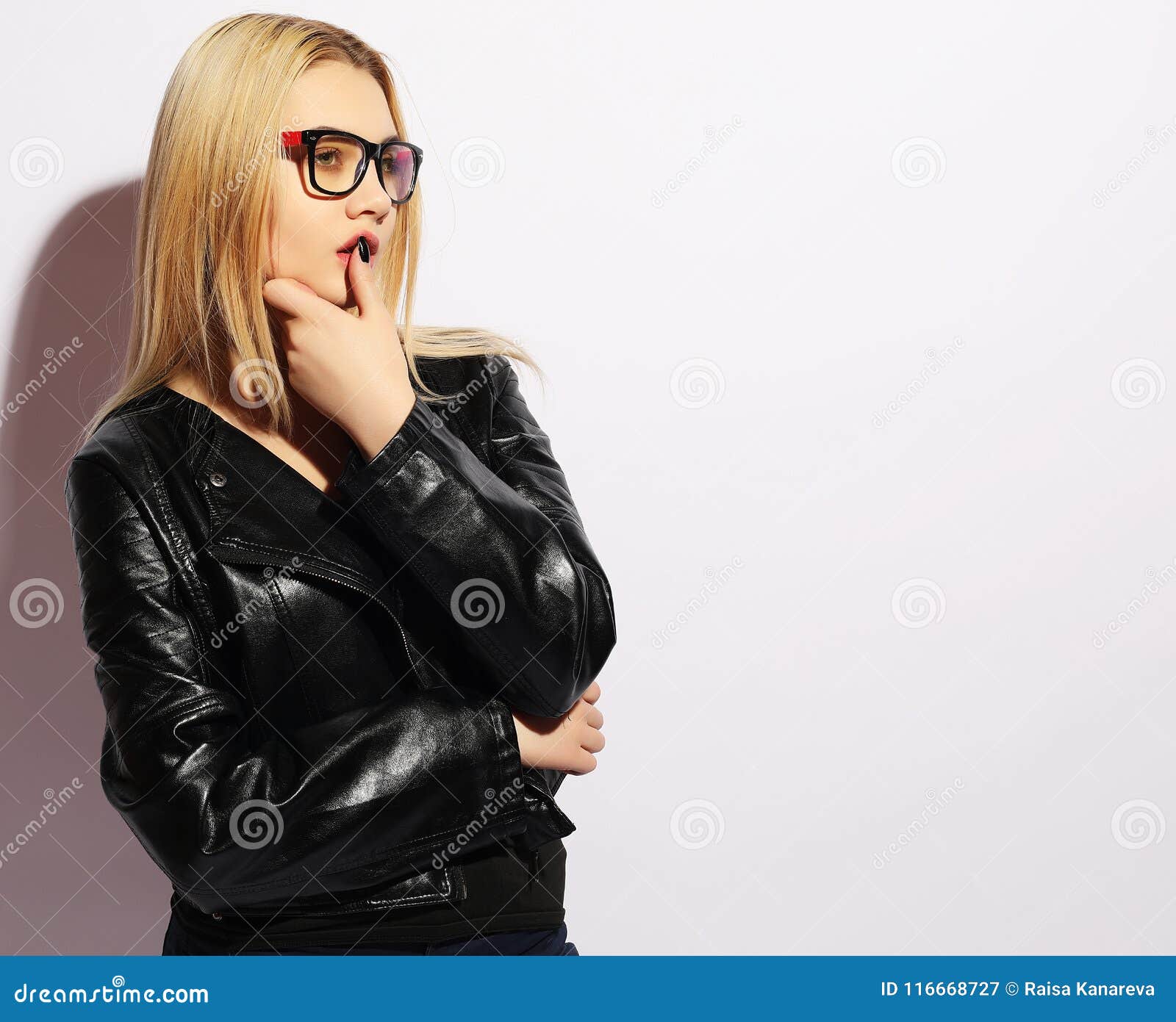 Fashion Portrait Of Young Blond Woman. Black Leather Jacket, Pants And ...