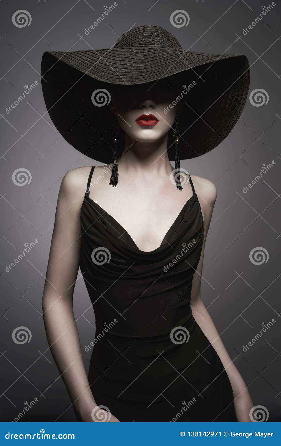 Portrait of Young Lady with Black Hat and Evening Dress Stock Image ...