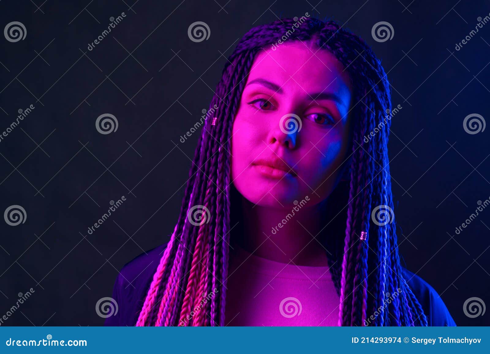 Fashion Portrait of Young Woman with Dreadlocks in Neon Light Stock ...