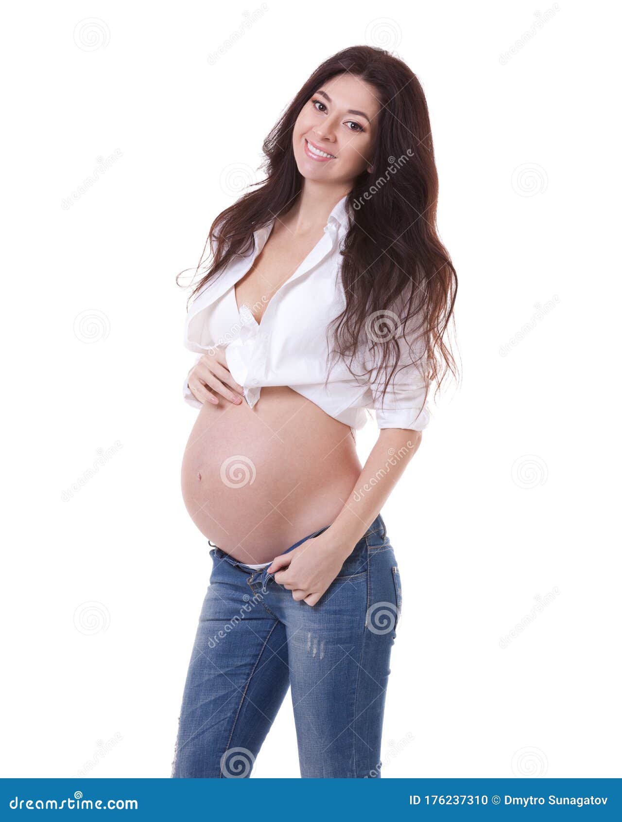 Pregnant woman in jeans and bra feeling sick, isolated on white background  Stock Photo - Alamy
