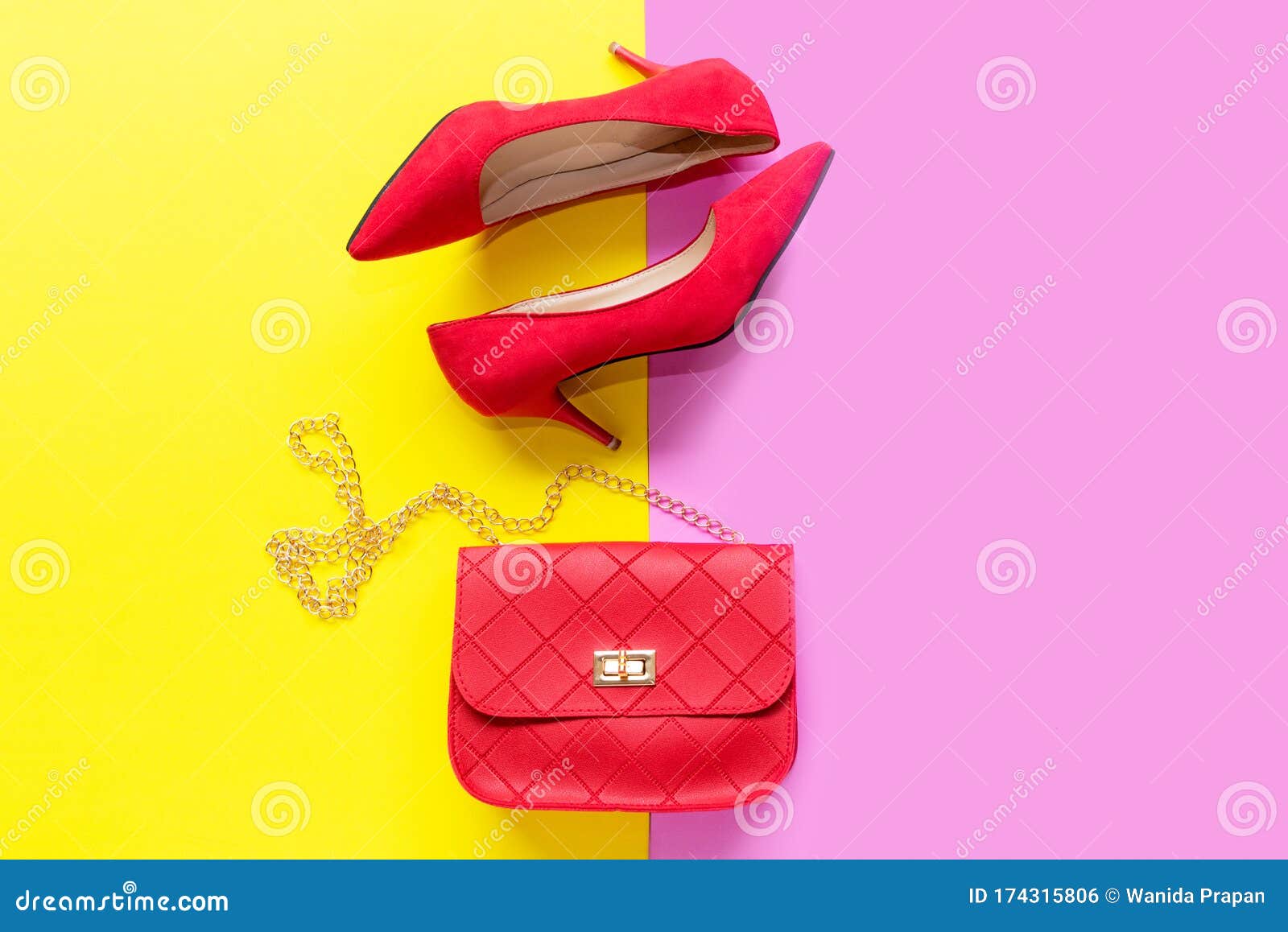 Fashion Red Bag and Shoe Woman Accessories Pastel Background. Stock ...