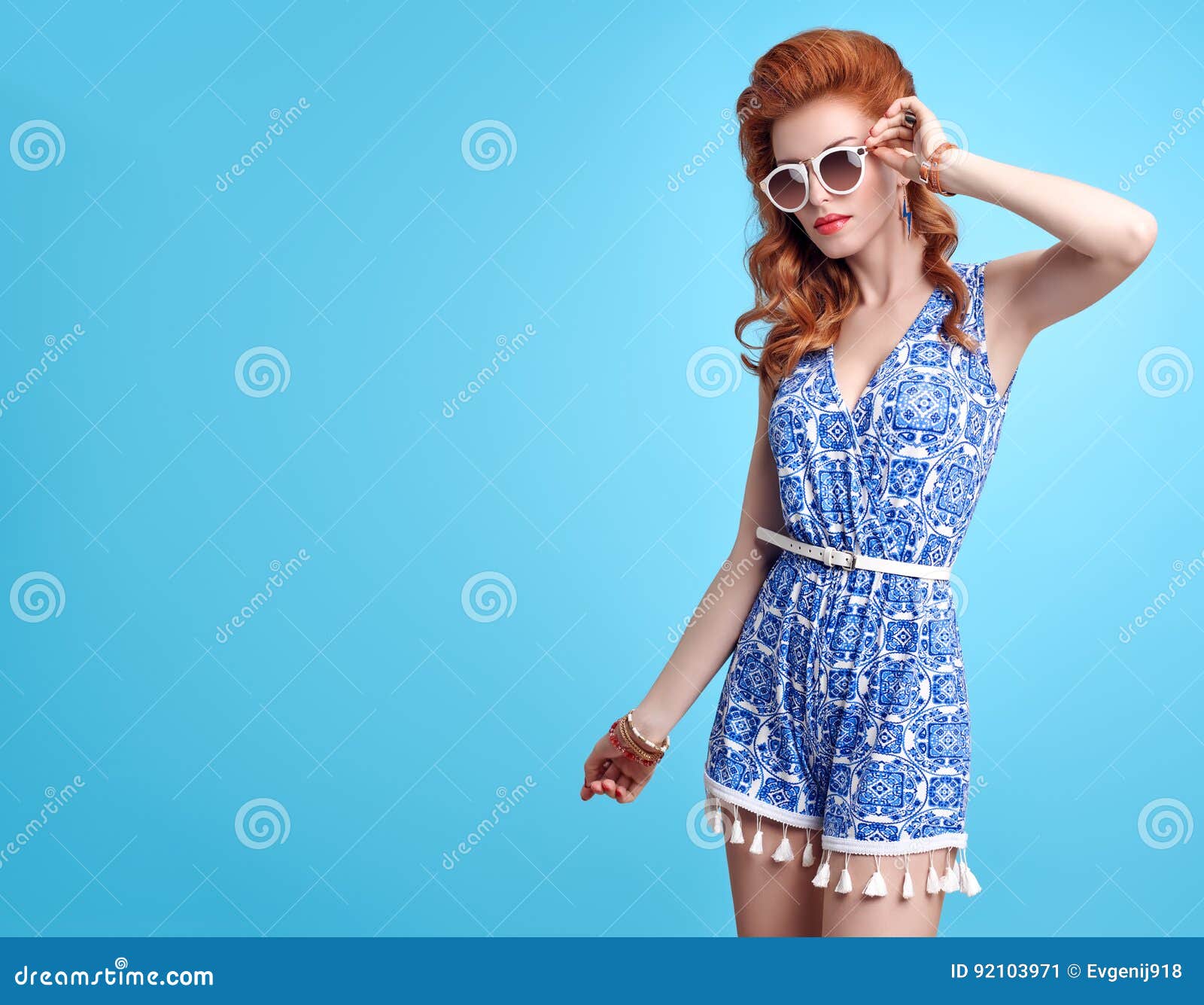 Fashion Redhead Model in Summer Jumpsuit on Blue Stock Image - Image of girl, hairstyle: 92103971 Fashion Redhead Model in Summer Jumpsuit on Blue Stock Image - Image of girl, hairstyle: 92103971