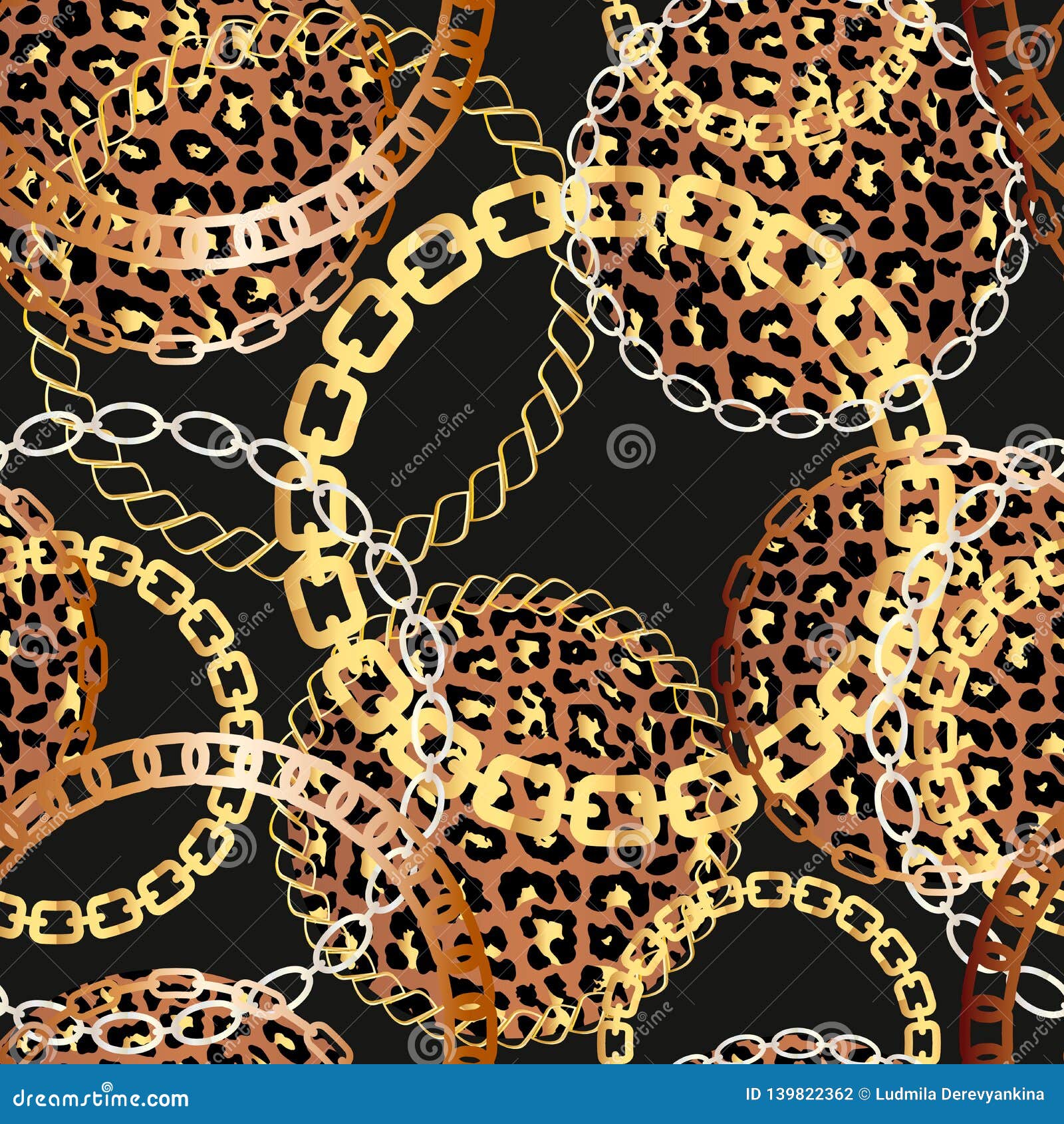 Fashion Seamless Pattern with Golden Chains and Leopard Print. Fabric ...