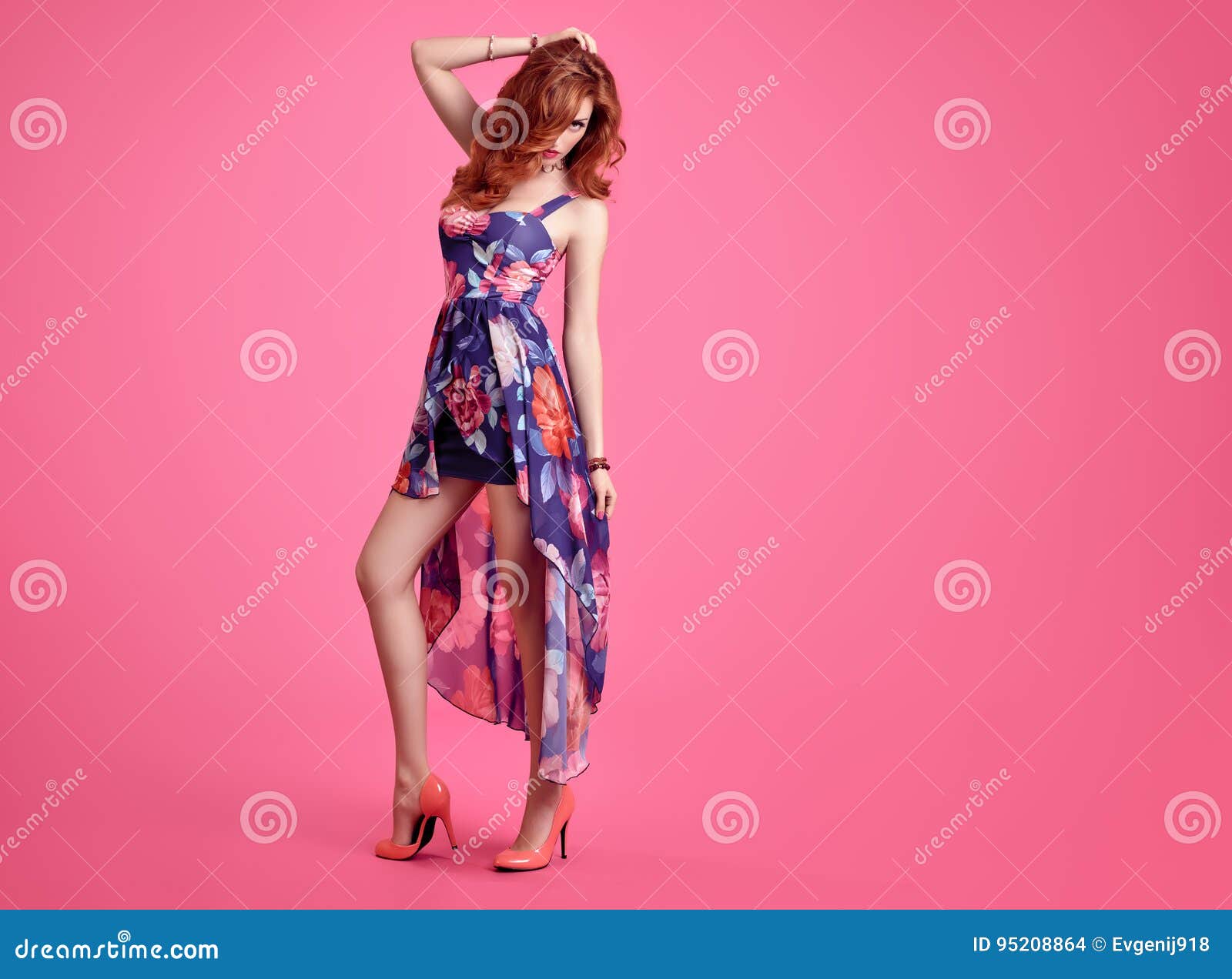 Fashion Sensual Redhead Girl Summer Floral Dress Stock