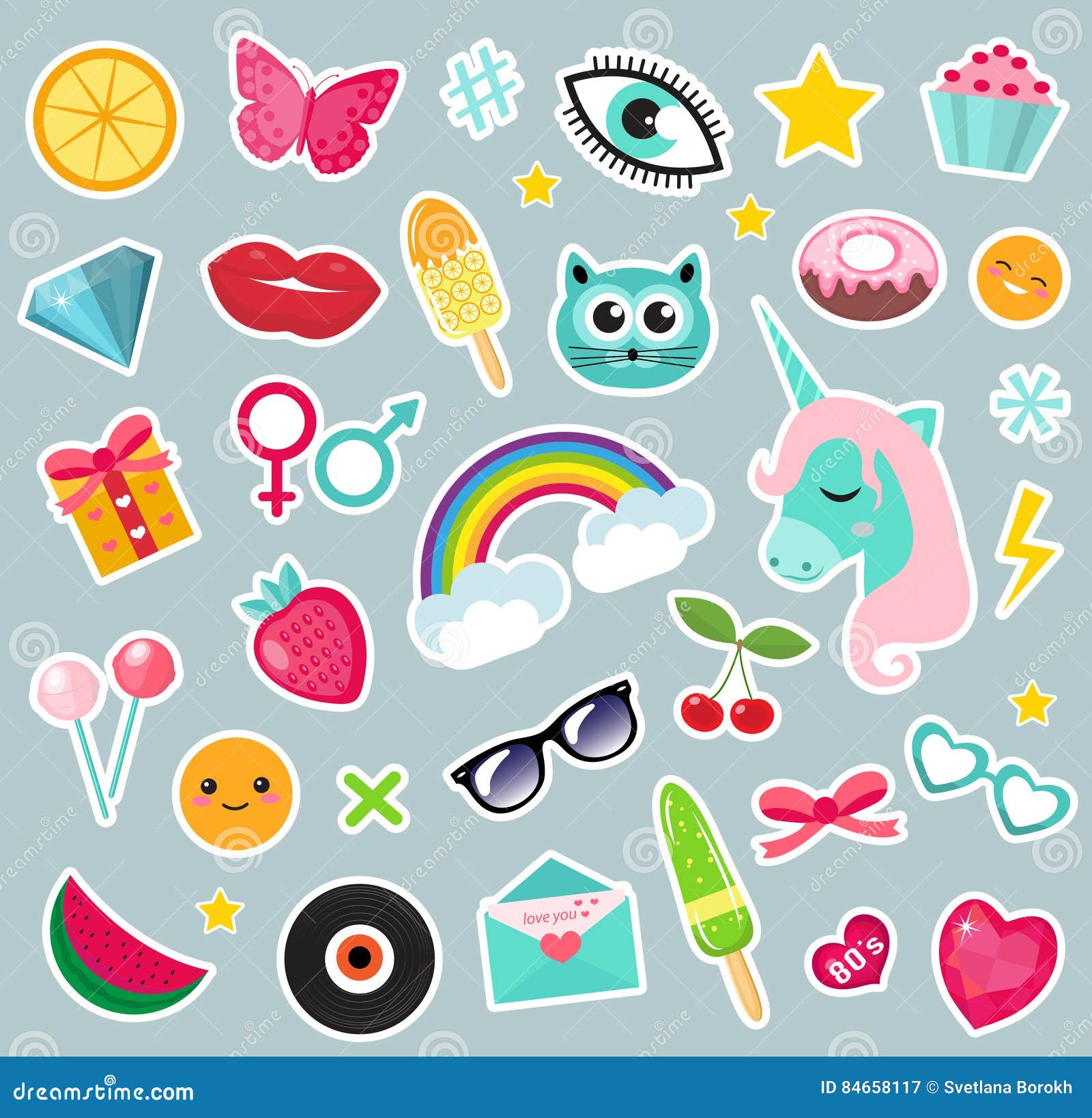 Doodle 90s stickers. Pop art fashion comic badges, trendy cartoon
