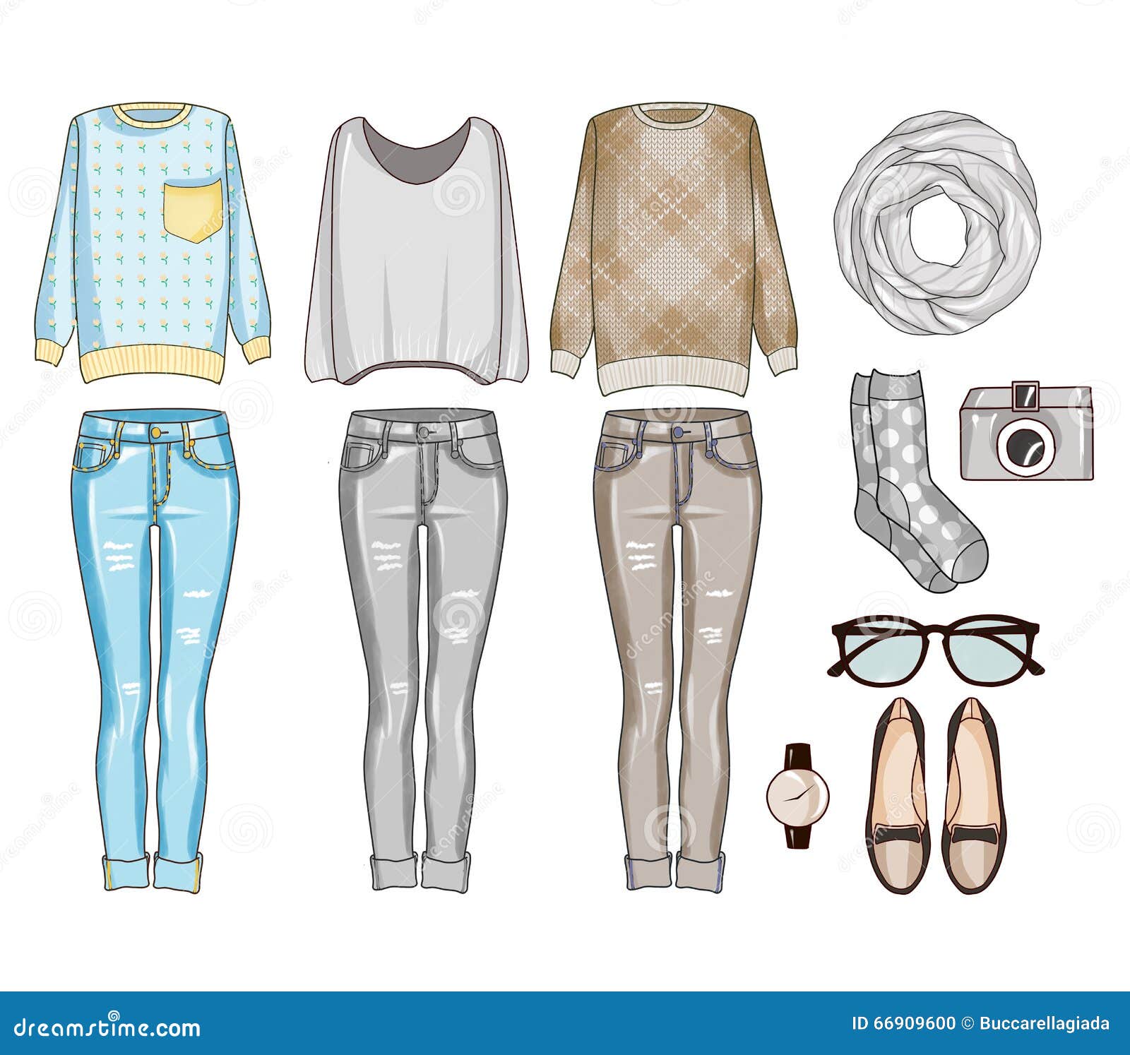 fashion set of woman's clothes, accessories, and shoes . casual outfits clip art