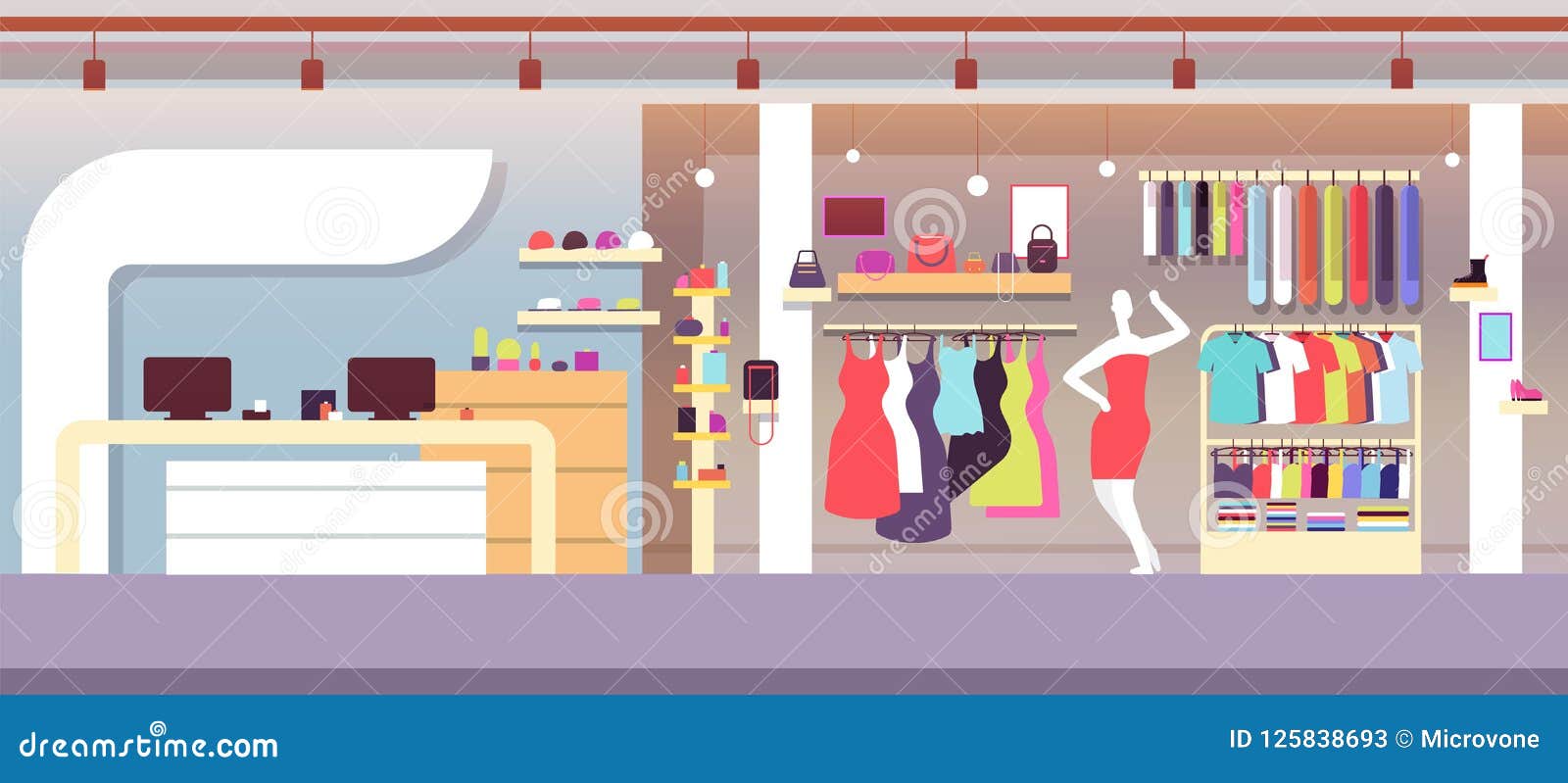 fashion shop. boutique fashion store with female clothes and women bags. shopping mall  interior