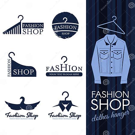 Fashion Shop Logo - Blue Jean Clothes Hanger Logo Vector Set Design ...