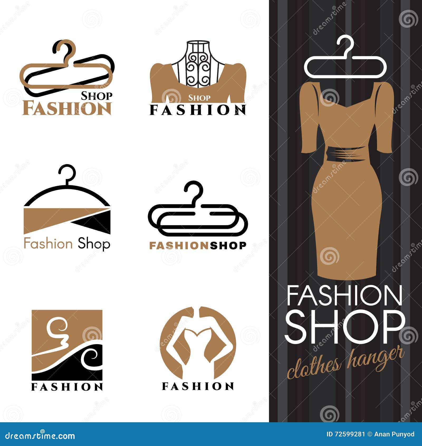 Fashion Shop Logo - Brown Dress and Clothes Hanger Vector Set Design ...