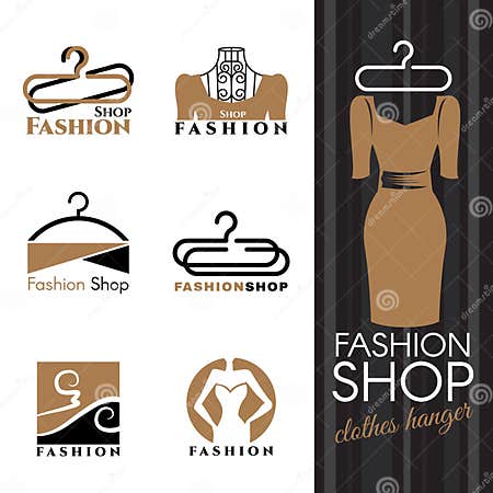 Fashion Shop Logo - Brown Dress and Clothes Hanger Vector Set Design ...