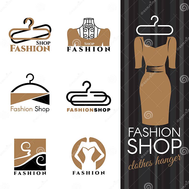 Fashion Shop Logo - Brown Dress and Clothes Hanger Vector Set Design ...