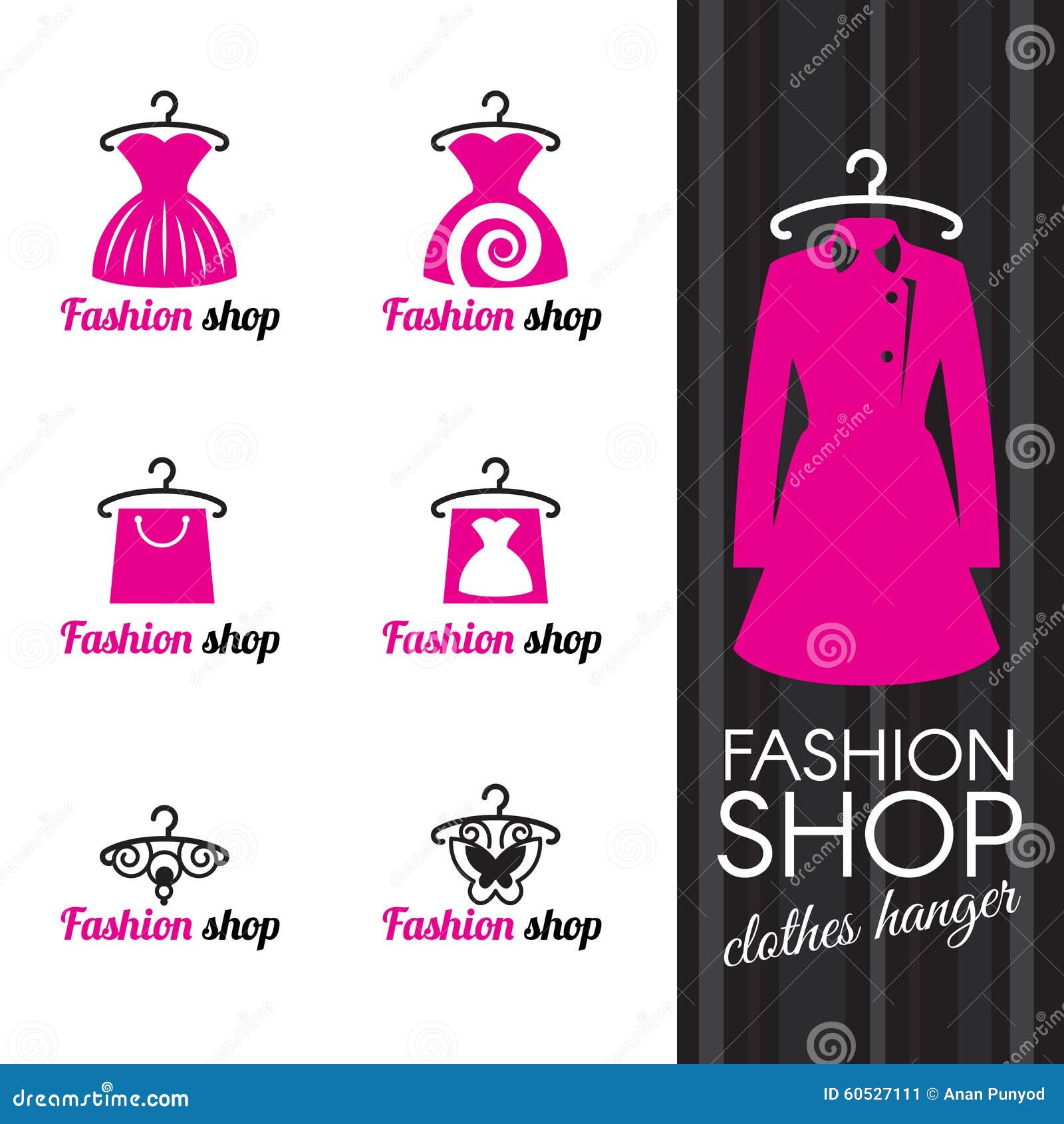 Fashion Shop Logo - Clothes Hanger and Dress Shopping Bag and Butterfly ...