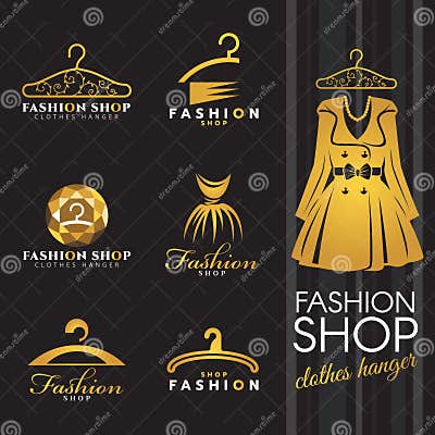 Fashion Shop Logo - Gold Winter Dress and Clothes Hanger Logo Vector ...