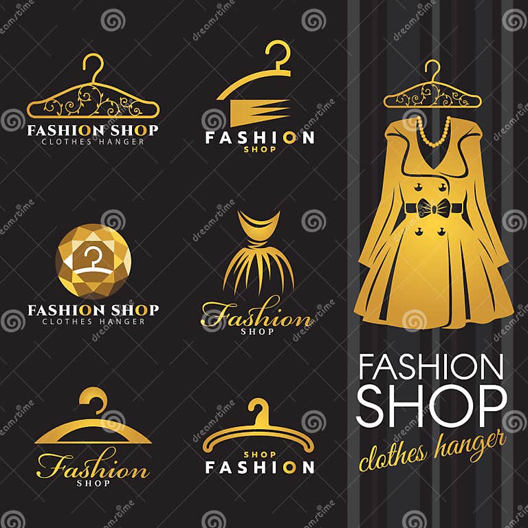 Fashion Shop Logo - Gold Winter Dress and Clothes Hanger Logo Vector ...