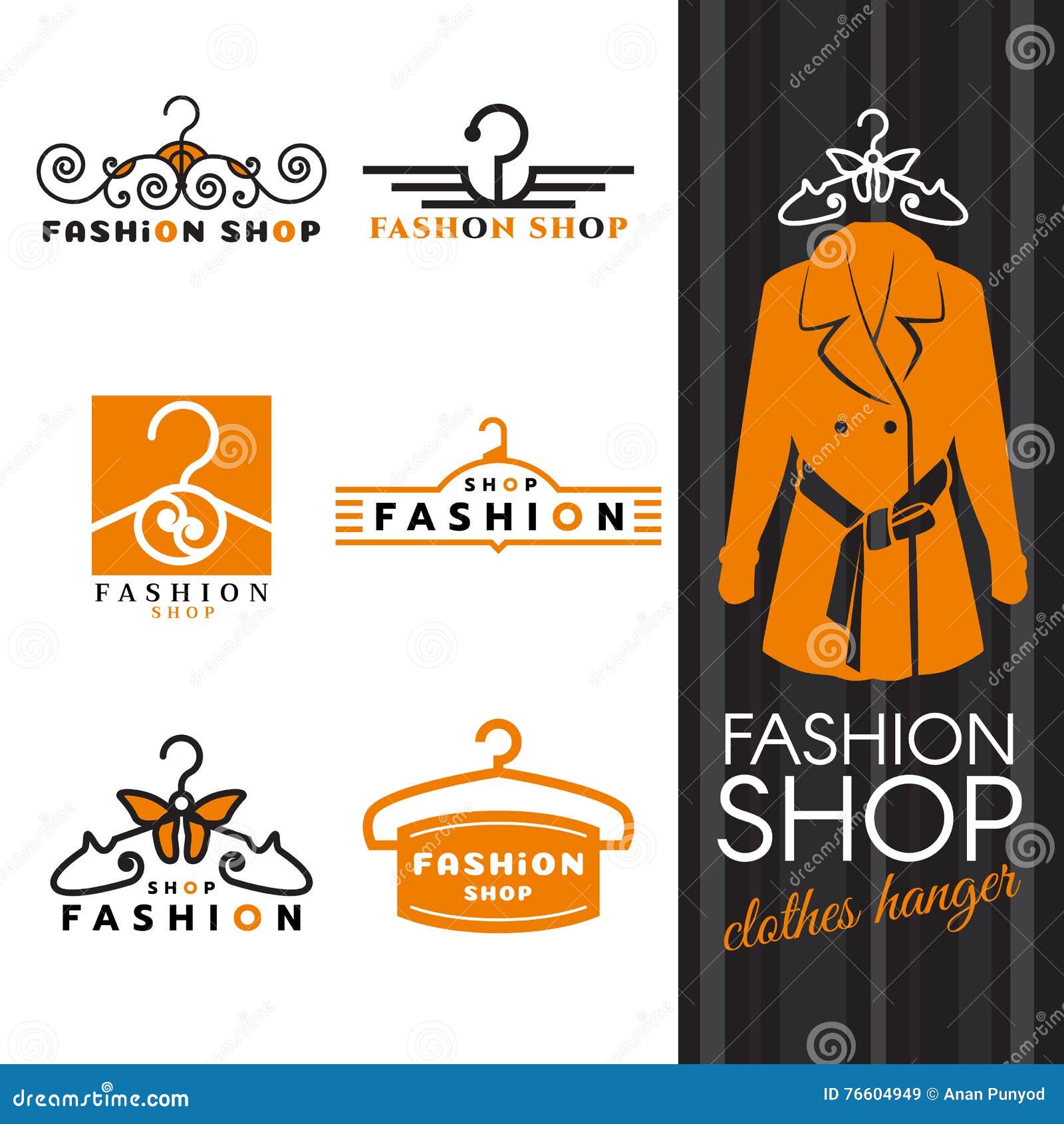 Fashion Shop Logo - Orange Shirts and Clothes Hanger Logo Vector Set ...
