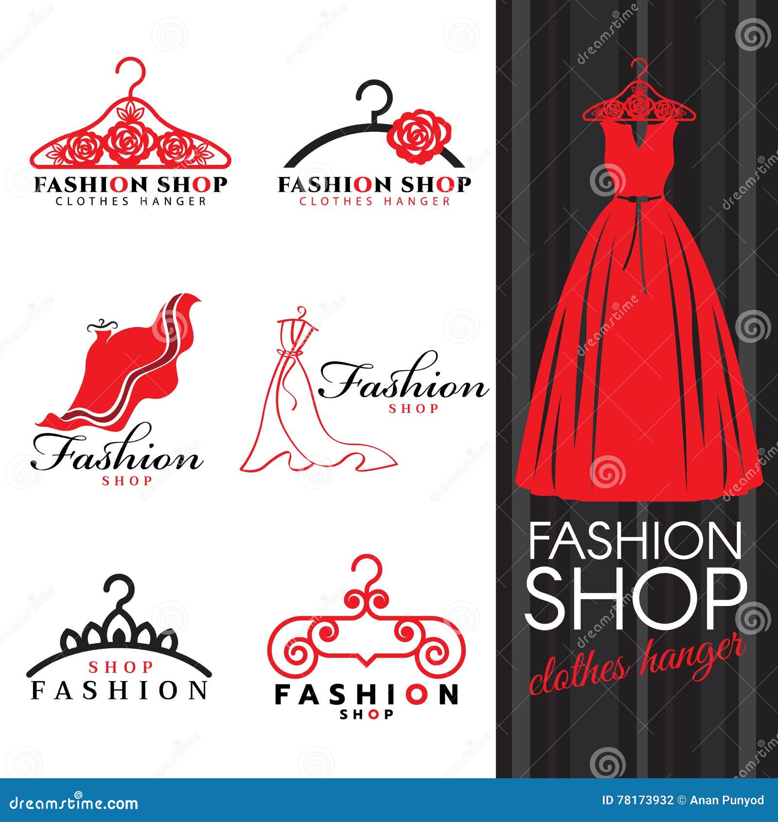 Fashion Shop Logo Red Dress And Clothes Hanger Logo Vector Set