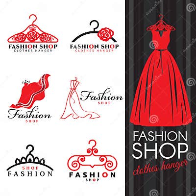 Fashion Shop Logo - Red Dress and Clothes Hanger Logo Vector Set Design ...