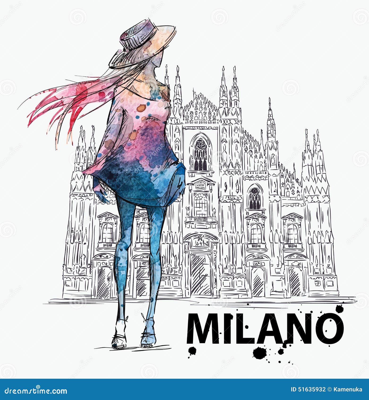 fashion sketch. girl on a milano duomo background